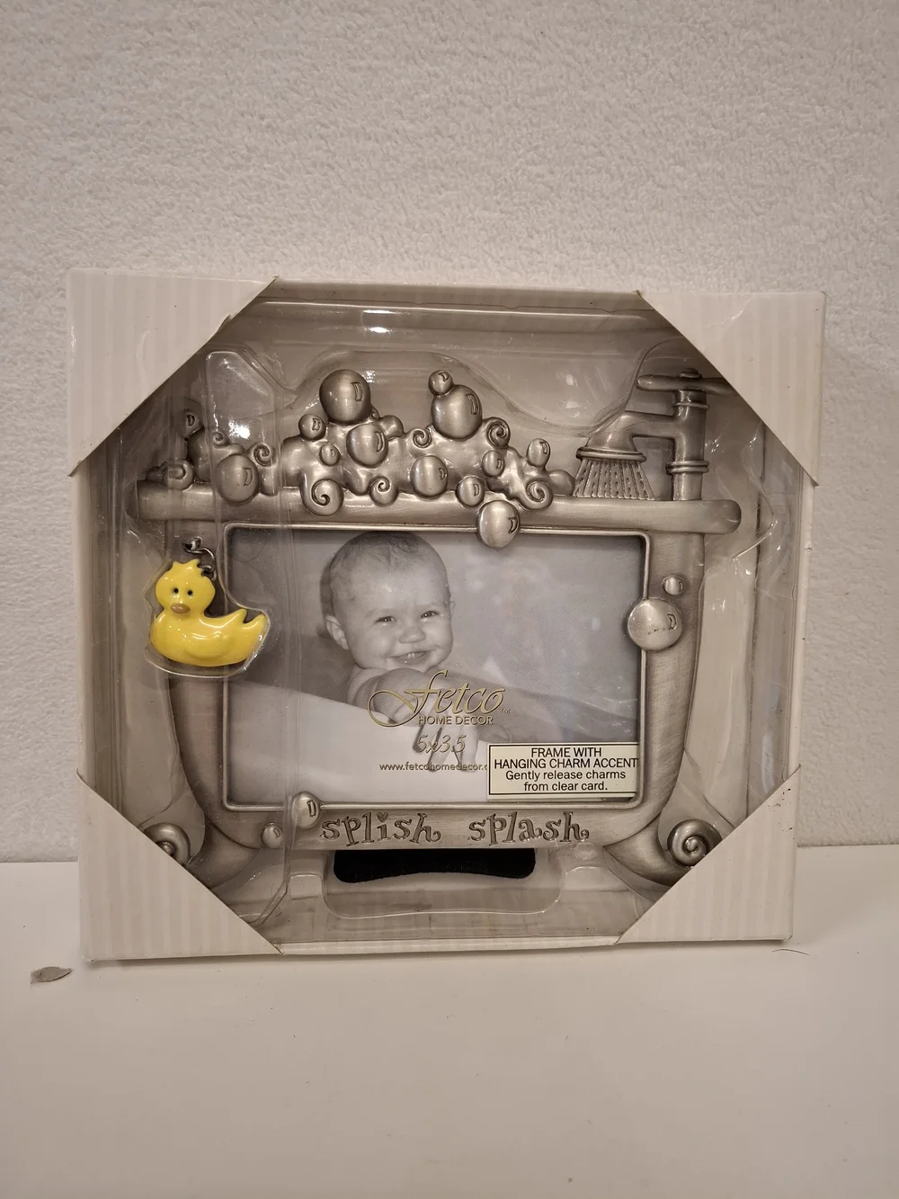 Fetco Vintage Silver Baby Bath Photo Frame with Yellow Duck Accent